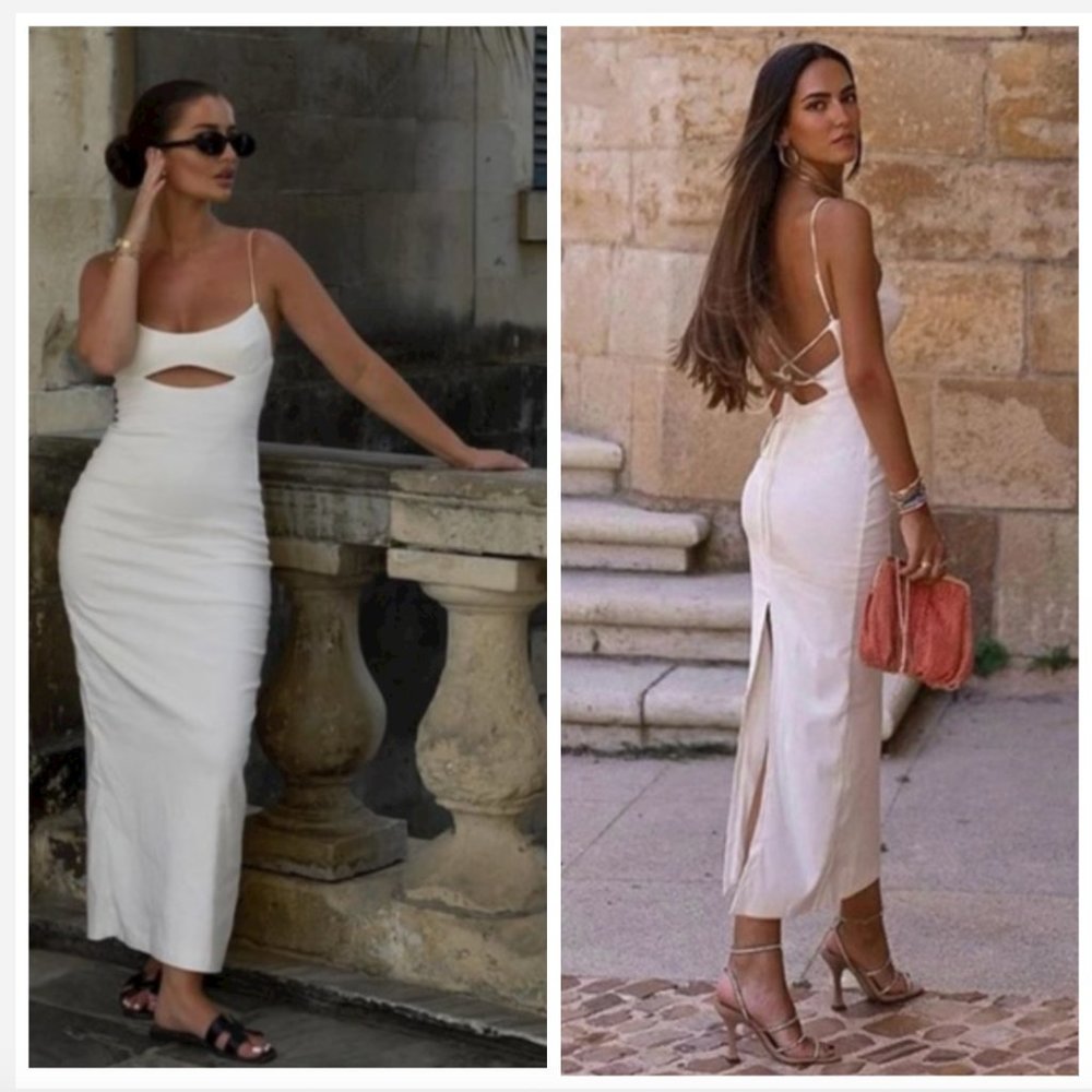 ZARA Stretch Oyster White Linen Blend Cut Out Midi Maxi Dress $79.90